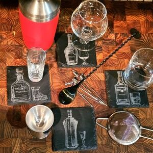Laser Engraved Slate Coasters Set of 4 - Whiskey, Tequila, Cognac, Absinthe
